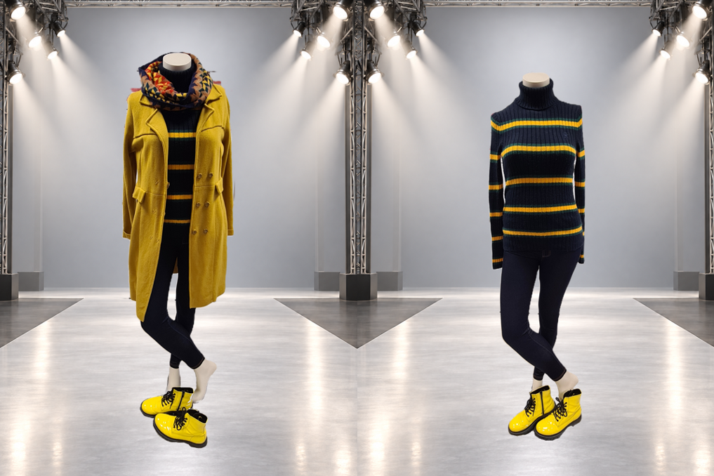 Herbstoutfit in Hellblau, Gelb und knalligem Grün